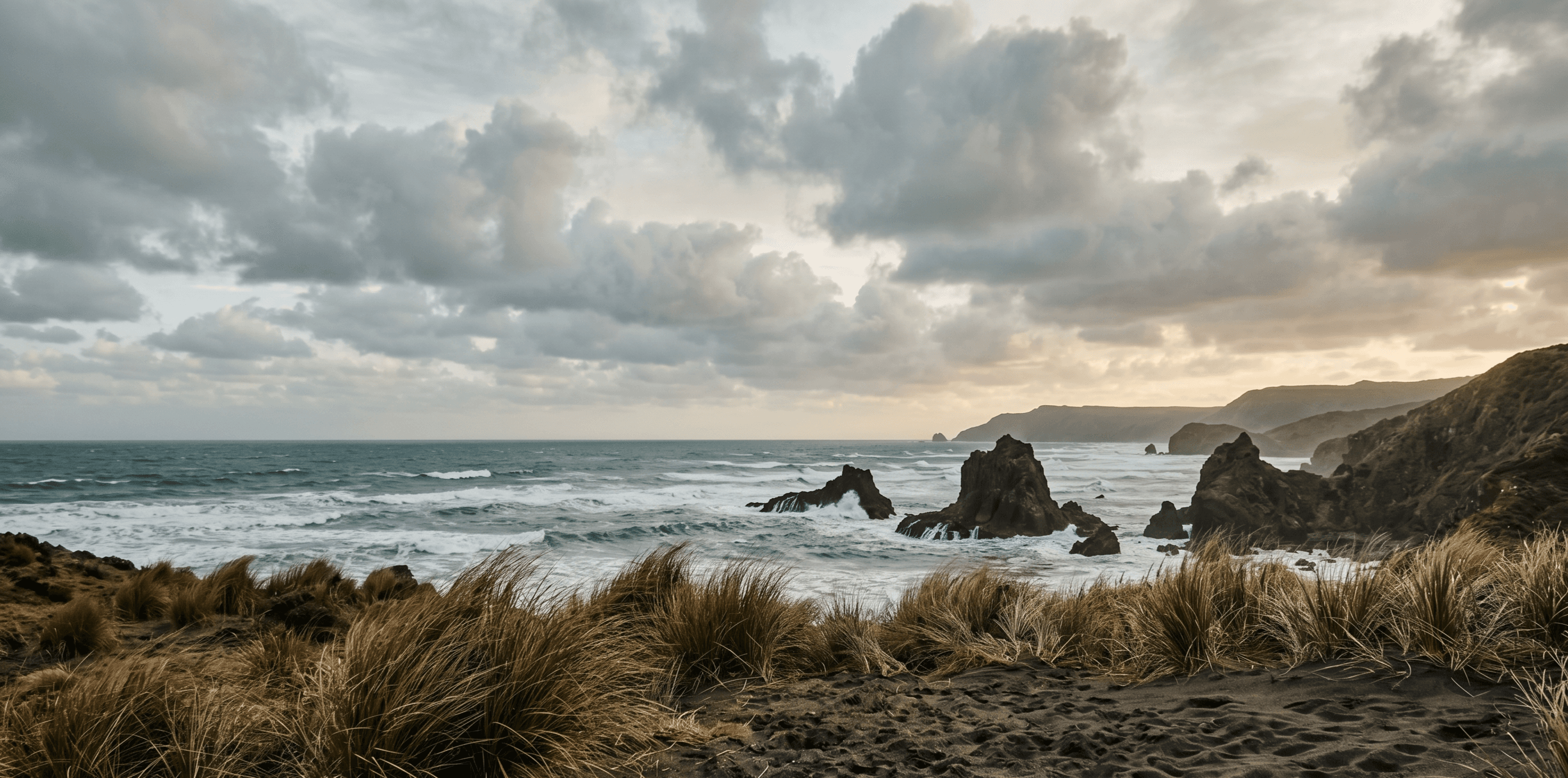 Rugged New Zealand coastline with tussock grass, dark volcanic rock and ocean waves under a dramatic sky
